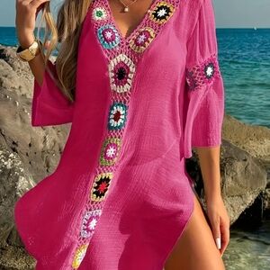 Pink Crochet Trim Swim Cover-Up